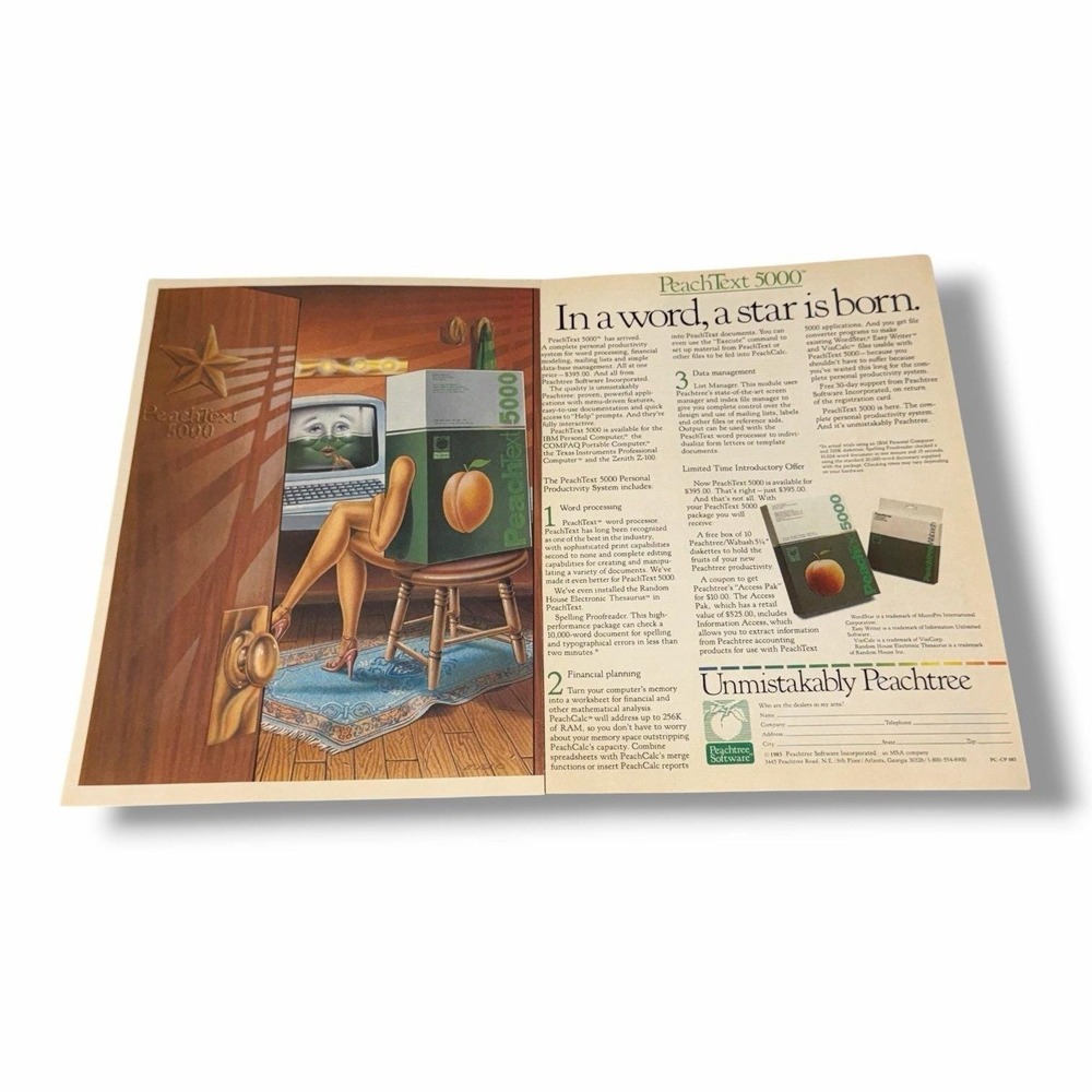 1983 Peachtree Software Peach Text 5000 In a Word a Star is Born Vtg Print Ad AD